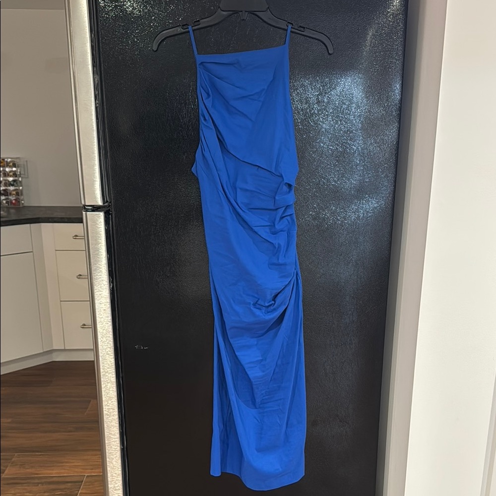 Zara Blue Asymmetrical Ruched Bodycon Dress
